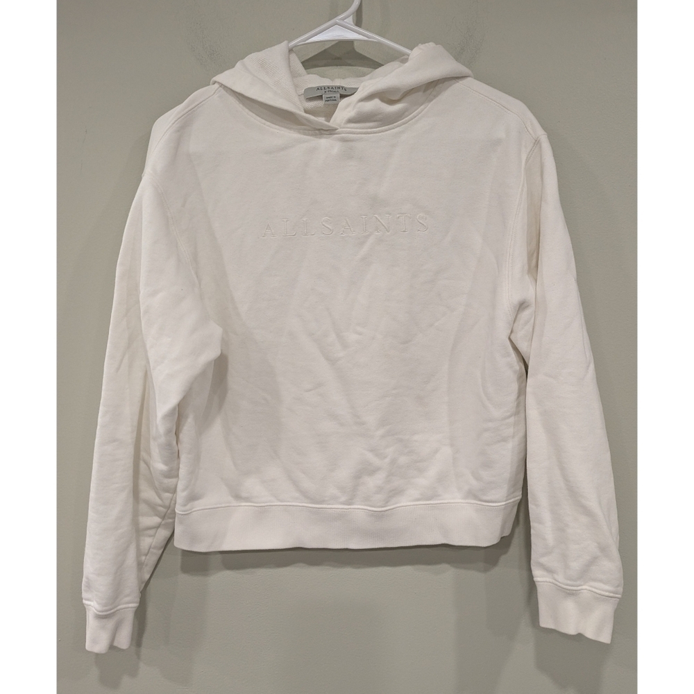 All Saints White Logo Hooded Long Sleeve Cotton Sweatshirt Size XS